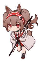 Rule 34 | 1girl, angelina (arknights), animal ear fluff, animal ears, arknights, black shirt, black socks, brown hair, chibi, closed mouth, coat, collar, fox ears, fox girl, fox tail, full body, grey coat, hairband, holding, holding staff, infection monitor (arknights), kneehighs, leg up, long sleeves, looking at viewer, lxjun 09, open clothes, open coat, red eyes, red hairband, running, shirt, short hair, short twintails, simple background, socks, solo, staff, tail, twintails, white background