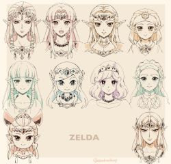 Rule 34 | 6+girls, :d, blunt bangs, blush, braid, brooch, carrying, character name, closed mouth, collarbone, crown braid, curly hair, diadem, earrings, expressionless, forehead, four swords adventures, gem, grin, hair ornament, hairclip, highres, hime cut, hyrule warriors, jewelry, long hair, looking at viewer, multiple girls, multiple monochrome, multiple persona, necklace, nintendo, open mouth, pale color, parted bangs, pearl necklace, pointy ears, ponytail, portrait, princess carry, princess zelda, round teeth, short hair, shuri (84k), sidelocks, smile, swept bangs, teeth, the legend of zelda, the legend of zelda: a link between worlds, the legend of zelda: a link to the past, the legend of zelda: breath of the wild, the legend of zelda: ocarina of time, the legend of zelda: skyward sword, the legend of zelda: the wind waker, the legend of zelda: twilight princess, the legend of zelda (nes), toon zelda, twitter username, upper body, veil, young zelda