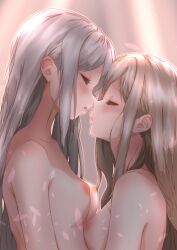 Rule 34 | 2girls, absurdres, blonde hair, blush, breasts, closed eyes, colored eyelashes, completely nude, couple, facing another, grey hair, highres, kiss, long hair, medium breasts, mikan mizu, multiple girls, nipples, nude, open mouth, original, saliva, saliva trail, small breasts, standing, yuri