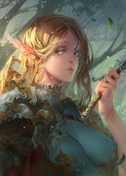 Rule 34 | 1girl, armor, baraba baba, belt, blonde hair, breasts, elf, forest, hilt, impossible clothes, leaf, lips, long hair, looking to the side, medium breasts, nature, nipples, original, parted lips, pointy ears, rapier, shoulder armor, skin tight, solo, pauldrons, sword, tree, weapon, yellow eyes