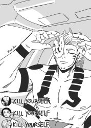 Rule 34 | 1boy, arms up, artist name, body markings, car interior, chat log, closed eyes, closed mouth, commentary, donald trump please save us (meme), english commentary, english text, facial tattoo, greyscale, hair slicked back, highres, itadori yuuji, jujutsu kaisen, kyou (luo xingjie), livestream, meme, monochrome, muscular, muscular male, okkotsu yuuta, orimoto rika, ryoumen sukuna (true form) (jujutsu kaisen), short hair, simple background, solo, stomach mouth, tattoo, topless male, upper body