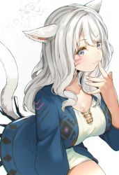 Rule 34 | 1girl, animal ears, blue eyes, blue jacket, breasts, cat ears, cat girl, cat tail, cleavage, closed mouth, collarbone, dress, final fantasy, final fantasy xiv, finger to mouth, fingernails, hair between eyes, hand up, haruken, jacket, large breasts, long hair, long sleeves, looking away, miqo&#039;te, silver hair, slit pupils, smile, solo, tail, tail raised, warrior of light (ff14), white background, white dress