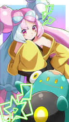 Rule 34 | 1girl, absurdres, aqua hair, bellibolt, bow-shaped hair, character hair ornament, creatures (company), game freak, gpyz7575, hair ornament, highres, iono (pokemon), jacket, multicolored hair, nintendo, oversized clothes, pink hair, pokemon, pokemon sv, sleeves past fingers, sleeves past wrists, split-color hair, star (symbol), star in eye, symbol in eye, teeth, very long sleeves, yellow jacket