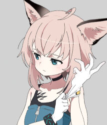 Rule 34 | 1girl, animal ears, arknights, armpit crease, black camisole, black choker, blue eyes, blue shirt, camisole, choker, closed mouth, collarbone, commentary, expressionless, flat chest, fox ears, fox girl, glove pull, gloves, grey background, hands up, infection monitor (arknights), layered shirt, light blush, light brown hair, looking ahead, material growth, oripathy lesion (arknights), shirt, short hair, simple background, solo, spaghetti strap, strapless, strapless shirt, sussurro (arknights), u0w0v, upper body, white gloves, zipper