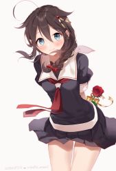 Rule 34 | 1girl, ahoge, arm behind back, black hair, black serafuku, black skirt, blue eyes, braid, commentary request, cowboy shot, flower, hair flaps, hair ornament, hair over shoulder, kantai collection, leaning forward, long hair, looking at viewer, naoto (tulip), necktie, pleated skirt, red necktie, rose, school uniform, serafuku, shigure (kancolle), shigure kai ni (kancolle), simple background, single braid, skirt, smile, solo, thigh gap, white background