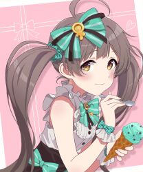 Rule 34 | 1girl, absurdres, ahoge, blush, bow, bowtie, breasts, brown hair, buttons, commentary request, frilled shirt, frilled wrist cuffs, frills, green bow, green bowtie, hair bow, hair ornament, hair scrunchie, hakozaki serika, heart, highres, holding, holding ice cream cone, holding spoon, ice cream cone, idolmaster, idolmaster million live!, kurobako bb, long hair, looking at viewer, mint chocolate, pink background, polka dot, polka dot bow, scrunchie, shirt, small breasts, smile, solo, spoon, striped bow, striped bowtie, striped clothes, twintails, upper body, white shirt, wrist cuffs, yellow eyes