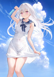 Rule 34 | 1girl, armpits, bare arms, bare shoulders, blue sky, closed mouth, cloud, collarbone, commentary request, covered navel, dress, food, highres, holding, holding food, holding popsicle, long hair, looking at viewer, mignon, original, outdoors, popsicle, purple eyes, sailor collar, shiro-chan (mignon), sky, sleeveless, smile, solo, standing, thighs, white dress, white hair