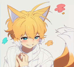 Rule 34 | 1boy, animal ears, banri 0917, blonde hair, blue eyes, blush, fox boy, fox ears, fox tail, grey background, hair between eyes, humanization, male focus, multiple tails, short hair, simple background, smile, solo, sonic (series), steepled fingers, sweater, tail, tails (sonic), two tails, upper body, white sweater
