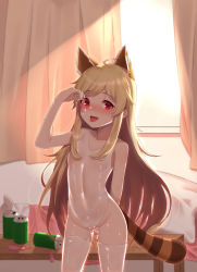 Rule 34 | 1girl, :d, :p, animal ears, arm behind back, arm up, bad id, bad pixiv id, bare arms, bare shoulders, bed, blonde hair, blurry, blurry background, blush, cameltoe, can, casual one-piece swimsuit, collarbone, condom, curtains, day, depth of field, fang, fingernails, groin, highleg, highleg swimsuit, highres, holding, holding condom, indoors, kuki panda (wkdwnsgk13), long hair, looking at viewer, nose blush, one-piece swimsuit, open mouth, pussy juice, red eyes, sidelocks, smile, solo, soulworker, stella unibell, striped tail, sunlight, swimsuit, table, tail, thighhighs, tongue, tongue out, used condom, very long hair, white one-piece swimsuit, white thighhighs, window