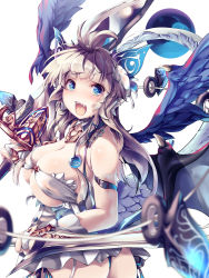 Rule 34 | :d, antenna hair, anya (sennen sensou aigis), arm belt, ass, bare shoulders, blue eyes, breasts, cleavage, dragon tail, fangs, gloves, hair ornament, highres, holding, holding sword, holding weapon, kousaka yami, large breasts, open mouth, sennen sensou aigis, short hair, sidelocks, smile, solo, sword, tail, twisted torso, twitter username, weapon, white gloves, wings