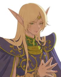 Rule 34 | 1girl, arm warmers, armor, blonde hair, blue cape, breastplate, cape, deedlit, elf, fujii eishun, gold headband, green shirt, hair behind ear, half-closed eyes, highres, long hair, long pointy ears, looking at viewer, own hands together, parted bangs, pointy ears, portrait, record of lodoss war, shirt, shoulder armor, smile, solo, white background