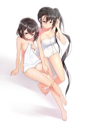 Rule 34 | 10s, 2016, 2girls, arm at side, bad id, bad pixiv id, barefoot, bath, black eyes, black hair, bob cut, breasts, closed mouth, collaboration, collaboration request, collarbone, covering privates, crying, dated, eyebrows, full body, goyain, haguro (kancolle), hair between eyes, hand on another&#039;s thigh, hand on own head, highres, holding, holding towel, kantai collection, long hair, looking at viewer, medium breasts, multiple girls, nachi (kancolle), naked towel, nude, nude cover, short hair, side ponytail, simple background, sitting, towel, twitter username, very long hair, white background