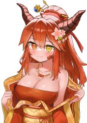 Rule 34 | 1girl, absurdres, ahoge, bare shoulders, blush, breasts, cleavage, closed mouth, commission, flower, hair flower, hair ornament, hair stick, heterochromia, highres, horns, japanese clothes, jewelry, kimono, lapis (rennyang), large breasts, long hair, necklace, obi, off shoulder, original, pocari (sq551), ponytail, red eyes, red hair, sash, scales, sidelocks, simple background, smile, solo, undressing, white background, yellow eyes