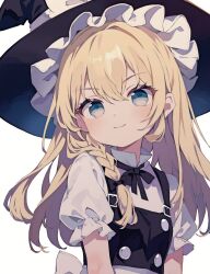 Rule 34 | 1girl, black hat, black ribbon, black vest, blonde hair, blue eyes, braid, breasts, buttons, commentary request, hat, highres, joou heika (precare deum), kirisame marisa, long hair, neck ribbon, puffy short sleeves, puffy sleeves, ribbon, shirt, short sleeves, side braid, simple background, small breasts, solo, touhou, turtleneck, upper body, v arms, vest, white background, white shirt, witch, witch hat