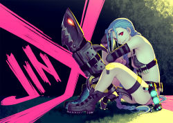Rule 34 | 1girl, bad id, bad pixiv id, bandaid, bare shoulders, boots, braid, bullet, character name, fingerless gloves, gloves, highres, jinx (league of legends), kimura daisuke, league of legends, light smile, long hair, looking at viewer, red eyes, rocket launcher, sitting, solo, very long hair, weapon