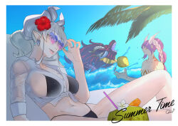 Rule 34 | 2girls, beach, bikini, black bikini, character request, drill hair, duel monster, flower, flower on head, grey eyes, grey hair, heart-shaped sunglasses, high ponytail, lovely labrynth of the silver castle, multiple girls, ocean, purple hair, quo (haizaraq), see-through, see-through shirt, shirt, sunglasses, swimsuit, tagme, wet, wet clothes, wet shirt, yu-gi-oh!