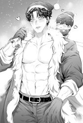 Rule 34 | 2boys, abs, absurdres, bara, belt, blush, chibi, fur-trimmed jacket, fur trim, gloves, greyscale, hat, heart, highres, holding, holding sack, jacket, large pectorals, looking at another, male focus, monochrome, multiple boys, muscular, muscular male, navel, open clothes, open jacket, open mouth, original, pants, pectorals, sack, santa costume, santa hat, short hair, smile, sny yrd67