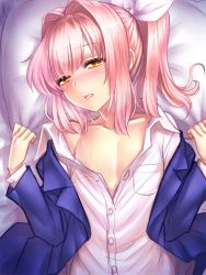 Rule 34 | 1boy, bare shoulders, bed sheet, blazer, blush, brown eyes, buttons, collarbone, collared shirt, crossdressing, hair ribbon, jacket, lipstick, lying, makeup, male focus, nose blush, on back, on bed, open clothes, open jacket, original, parted lips, pillow, pink hair, ponytail, ribbon, shirt, solo, sweat, sweatdrop, teeth, trap, upper body, white ribbon, white shirt, yapo (croquis side)