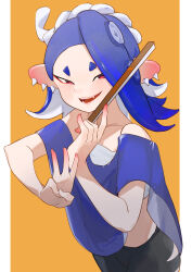 Rule 34 | 1girl, :d, absurdres, bare shoulders, black pants, blue hair, blue shawl, border, chest sarashi, colored skin, commentary, cowboy shot, earrings, english commentary, eyeliner, fangs, flat chest, folding fan, gradient skin, hachimaki, half-closed eyes, hand fan, headband, highres, holding, holding fan, jewelry, long hair, looking at viewer, makeup, middle w, multicolored skin, multiple earrings, nejiri hachimaki, nintendo, octoling, open mouth, orange background, outside border, pants, pillarboxed, red eyeliner, red eyes, red skin, sarashi, shawl, shiver (splatoon), simple background, smile, solo, splatoon (series), splatoon 3, suction cups, summer (724788381), teeth, tentacle hair, two-tone skin, w, white border