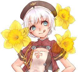 Rule 34 | 1girl, :&gt;, aiguillette, azur lane, beret, black hat, blue eyes, bob cut, buttons, closed mouth, cropped jacket, dress, eyebrows, eyelashes, facing away, flat chest, flower, hat, head tilt, jacket, karlsruhe (azur lane), kumao, looking away, looking to the side, military, military uniform, multicolored clothes, multicolored dress, nose, open clothes, open jacket, red jacket, short hair, simple background, smile, solo, tareme, tongue, tongue out, turtleneck, uniform, upper body, white background, white hair