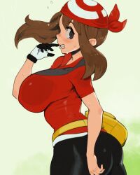 Rule 34 | 1girl, breasts, brown hair, chimjoljol (cute goblin), creatures (company), game freak, highres, large breasts, may (pokemon), nintendo, no bra, pokemon, pokemon rse, simple background, solo, white background