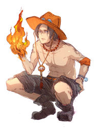 Rule 34 | 1boy, abs, black shorts, boots, bracelet, fire, hat, jewelry, male focus, mojisan, muscular, one piece, portgas d. ace, shorts, simple background, solo, squatting, tattoo, topless male, white background