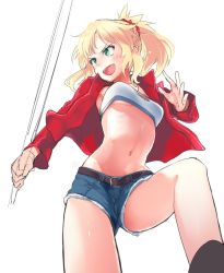 Rule 34 | belt, blonde hair, breasts, denim, denim shorts, fangs, fate/apocrypha, fate (series), from below, green eyes, jacket, medium breasts, midriff, mordred (fate), mordred (fate/apocrypha), mordred (memories at trifas) (fate), mozu (peth), ponytail, red jacket, short shorts, shorts, solo