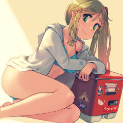 Rule 34 | 1girl, ass, barefoot, bikini, blonde hair, blue bikini, breasts, commentary, cooler, fang, feet out of frame, full body, green eyes, hair bobbles, hair ornament, highres, hood, hood down, hoodie, inuyama aoi, long hair, looking at viewer, medium breasts, minawa, open clothes, open hoodie, side ponytail, sidelocks, sitting, skin fang, solo, spaghetti strap, stomach, swimsuit, thick eyebrows, thighs, unzipped, yokozuwari, yurucamp
