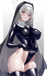 Rule 34 | 1girl, black thighhighs, blue archive, blush, breasts, covered erect nipples, grey hair, groin, halo, highleg, highres, justina follower (blue archive), large breasts, leotard, long hair, looking at viewer, nun, open mouth, purple eyes, sakurako (blue archive), skin tight, solo, thighhighs, veil, volyz
