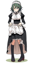 Rule 34 | 1girl, alternate costume, apron, black dress, black footwear, boots, breasts, clothes lift, commentary request, dress, dress lift, enmaided, frilled apron, frills, full body, green eyes, green hair, heterochromia, highres, kantai collection, kiso (kancolle), knee boots, looking at viewer, maid, maid headdress, masukuza j, medium breasts, short hair, simple background, solo, standing, waist apron, white apron, white background, yellow eyes