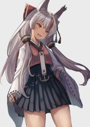 Rule 34 | 1girl, :d, animal ears, azur lane, black skirt, bow, brown eyes, commentary request, cowboy shot, fox ears, grey hair, hair bow, hair ornament, hakama, hakama short skirt, hakama skirt, hand on own hip, head tilt, high-waist skirt, highres, japanese clothes, kamikaze (azur lane), long hair, looking at viewer, multicolored hair, open mouth, shirt, simple background, skirt, smile, solo, standing, streaked hair, striped, white background, wide sleeves, yu ni t