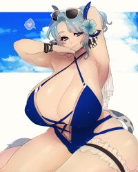 Rule 34 | 1girl, animal ears, armpits, blue eyes, blue hair, blush, breasts, cleavage, cow ears, cow girl, cow horns, cow tail, curvy, flower, hair flower, hair ornament, heart, highres, horns, huge breasts, indie virtual youtuber, looking at viewer, mid skb, miilkywayz, mole, mole under eye, mole under mouth, one-piece swimsuit, short hair, skindentation, sky, smile, solo, sweat, swimsuit, tail, thick thighs, thighs, virtual youtuber, wide hips