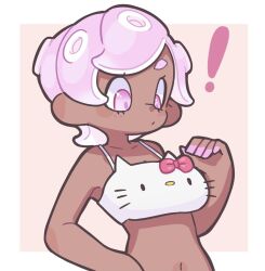 Rule 34 | !, 1girl, bra, breasts, cleavage, closed mouth, collarbone, dark-skinned female, dark skin, hekoningyou (waraningyou), hello kitty, hello kitty (character), looking down, navel, octoling, pink eyes, pink hair, sanrio, short hair, simple background, solo, standing, underwear, underwear only