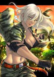 Rule 34 | 1girl, abs, absurdres, action, belt, bikini, bikini top only, breasts, camouflage, camouflage jacket, camouflage pants, cleavage, dark-skinned male, dark skin, dog tags, elbow pads, fingerless gloves, gloves, highres, ikeda tsukasa, jacket, large breasts, long hair, muscular, muscular female, navel, open clothes, open jacket, pants, sega, shiny skin, smile, swimsuit, toned stomach, vanessa lewis, virtua fighter, white hair