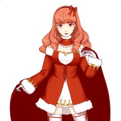 Rule 34 | 1girl, bow, breasts, cape, celica (fire emblem), cleavage, cowboy shot, detached collar, fire emblem, fire emblem echoes: shadows of valentia, fire emblem gaiden, gloves, hair bow, hair ornament, highres, long hair, looking at viewer, nintendo, red eyes, red hair, santa costume, santa gloves, simple background, smile, solo, thighhighs, white background, white thighhighs