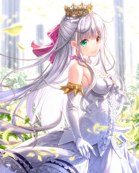 Rule 34 | 1girl, bare shoulders, blurry, blurry background, blurry foreground, blush, bow, breasts, center frills, character request, cleavage, closed mouth, commentary request, crown, depth of field, dress, elbow gloves, frilled dress, frills, fujima takuya, gloves, green eyes, grey hair, hair bow, heterochromia, isekai ni tobasaretara papa ni nattandaga, long hair, medium breasts, pink bow, red eyes, smile, solo, strapless, strapless dress, striped, striped bow, very long hair, white dress, white gloves