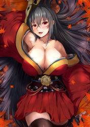 Rule 34 | 1girl, ahoge, arm behind head, armpits, autumn leaves, azur lane, bare shoulders, black hair, blush, breasts, cleavage, collarbone, crossed bangs, hair between eyes, highres, huge breasts, japanese clothes, kanzaki kureha, kimono, large breasts, long hair, looking at viewer, lying, mask, mask on head, obi, off shoulder, on back, open mouth, red eyes, red kimono, sash, sidelocks, smile, solo, taihou (azur lane), twintails, very long hair