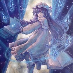 Rule 34 | 1girl, blue gemstone, book, bookshelf, boots, commentary request, crescent, crescent hat ornament, dress, floating, floating book, floating object, flying, full body, gem, hat, hat ornament, highres, long hair, looking at viewer, mob cap, oil painting (medium), painting (medium), patchouli knowledge, purple eyes, purple hair, ringodrawing, solo, touhou, traditional media, very long hair