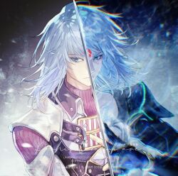 Rule 34 | 1boy, artist name, blue eyes, closed mouth, commentary request, english text, facial mark, forehead mark, highres, jin (xenoblade), male focus, purple sweater, raininmoradain, sweater, sword, upper body, weapon, white hair, xenoblade chronicles (series), xenoblade chronicles 2, xenoblade chronicles 2: torna - the golden country