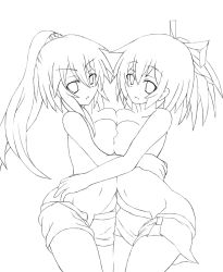 Rule 34 | 2girls, bike shorts, breast press, breasts, duel monster, greyscale, groin, hair ornament, hand on another&#039;s hip, incest, jewelry, kiramashi (satsujinki), lineart, long hair, looking at viewer, medium breasts, miniskirt, monochrome, multiple girls, naked skirt, navel, nipples, ponytail, ribbon, siblings, simple background, sisters, skirt, symmetrical docking, topless, white background, winda (yu-gi-oh!), winda priestess of gusto, wynn (yu-gi-oh!), wynn the wind charmer, yu-gi-oh!, yu-gi-oh! duel monsters, yuri