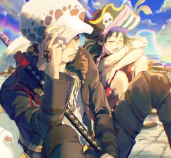 Rule 34 | 2282, 2boys, black pants, bracelet, drooling, facial hair, fur-trimmed jacket, fur trim, hand on headwear, hand tattoo, hat, hat over one eye, jacket, jewelry, male focus, monkey d. luffy, multiple boys, official alternate costume, one piece, one piece film: red, outdoors, pants, pirate hat, red shorts, sheath, sheathed, shorts, sitting, sleeping, sleeping upright, spiked bracelet, spikes, sword, tattoo, thigh strap, trafalgar law, weapon