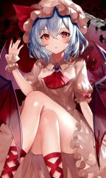 Rule 34 | 1girl, ascot, bat wings, brooch, crossed legs, dress, feet out of frame, hair between eyes, hat, jewelry, looking at viewer, mob cap, nail polish, parted lips, puffy short sleeves, puffy sleeves, red ascot, red eyes, red nails, red ribbon, remilia scarlet, ribbon, sakizaki saki-p, short hair, short sleeves, sitting, solo, touhou, wings, ||/
