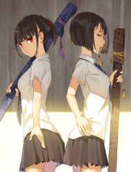 Rule 34 | 2girls, :o, bad id, bad pixiv id, black hair, black skirt, cowboy shot, floral print, from side, gradient background, hand on own hip, holding, katana, kimura (ykimu), looking at viewer, mouth hold, multiple girls, original, package, parted lips, pleated skirt, red eyes, school uniform, shirt, short hair, short ponytail, skirt, standing, sword, tassel, weapon, weapon bag, white shirt