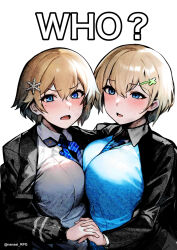 Rule 34 | 2girls, absurdres, ash arms, black jacket, blonde hair, blue cardigan, blue eyes, blue necktie, blue sweater vest, blush, breasts, cardigan, commentary, commentary request, crossover, english text, girls&#039; frontline, hair ornament, highres, holding hands, jacket, look-alike, looking at viewer, m18 hellcat (ash arms), meimushi, mole, mole under eye, multiple girls, necktie, open mouth, shirt, short hair, simple background, snowflake hair ornament, sweater vest, twitter username, vsk-94 (girls&#039; frontline), white background, white shirt