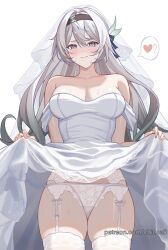 Rule 34 | 1girl, alternate costume, bare shoulders, black hairband, breasts, bridal veil, chinoa, cleavage, clothes lift, commentary, cowboy shot, dress, dress lift, firefly (honkai: star rail), garter belt, grey hair, hairband, heart, highres, honkai: star rail, honkai (series), lifted by self, long hair, looking at viewer, medium breasts, off-shoulder dress, off shoulder, panties, purple eyes, short sleeves, simple background, smile, solo, spoken heart, standing, thighhighs, thighs, underwear, veil, very long hair, wedding dress, white background, white dress, white panties, white thighhighs