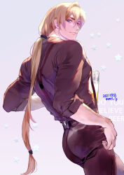 Rule 34 | 1boy, absurdres, artist name, beer mug, blonde hair, brown shirt, closed mouth, cup, dated, english text, hair between eyes, highres, holding, holding cup, long hair, looking at viewer, looking back, male focus, mmts g, mug, ponytail, shirt, sleeves rolled up, smile, star (symbol), strap, suspenders, terry bogard, the king of fighters, the king of fighters for girls, very long hair
