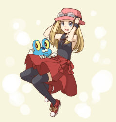 Rule 34 | 10s, 1girl, bad id, bad pixiv id, bare shoulders, black thighhighs, blonde hair, blue eyes, blush, boots, breasts, creatures (company), eyewear on head, froakie, full body, game freak, gen 6 pokemon, goggles, hat, highres, jewelry, long hair, nintendo, open mouth, pas (paxiti), pokemon, pokemon (creature), pokemon xy, serena (pokemon), shoes, sitting, skirt, small breasts, smile, sneakers, solo, thighhighs, wristband, yellow background, zettai ryouiki