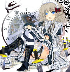 Rule 34 | 1girl, alternate costume, blue eyes, blush, boots, braid, cross-laced footwear, female focus, frills, garter straps, gears, grey hair, hair ribbon, izayoi sakuya, knife, lace, lace-up boots, maid, maid headdress, matsushita yuu, open mouth, pocket watch, ribbon, roman numeral, sitting, skirt, solo, stopwatch, striped clothes, striped thighhighs, thighhighs, throwing knife, too many, touhou, twin braids, watch, weapon
