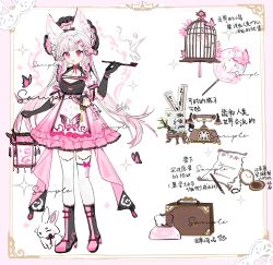 Rule 34 | 1girl, absurdres, animal ear fluff, animal ears, animal print, antique phone, apron, back bow, bag, beads, birdcage, black bow, black footwear, black gloves, black headwear, black shirt, bonnet, boots, border, bow, bow legwear, bowtie, breasts, briefcase, bug, butterfly, butterfly print, cage, chain, character sheet, cherry blossoms, chinese commentary, chinese text, cleavage, cleavage cutout, clothing cutout, collarbone, colored tips, commentary request, commission, elbow gloves, extra ears, eyelashes, floppy ears, floral print, flower, footwear bow, frilled apron, frilled headwear, frilled shirt, frilled skirt, frills, full body, gloves, hair beads, hair bow, hair flower, hair ornament, hairclip, handbag, high heel boots, high heels, highres, holding, holding lantern, holding smoking pipe, insect, lace, lace-trimmed boots, lace-trimmed gloves, lace-trimmed shirt, lace-trimmed skirt, lace-trimmed sleeves, lace trim, lantern, layered sleeves, letter, light blush, long hair, looking at viewer, maid headdress, medium breasts, miniskirt, multicolored hair, multiple hair bows, open mouth, original, ornate border, paper lantern, pen, pink bag, pink bow, pink bowtie, pink butterfly, pink eyes, pink flower, pink footwear, pink hair, pink headwear, pink skirt, pink sleeves, pocket watch, puffy short sleeves, puffy sleeves, rabbit, rabbit ears, red bow, scroll, scroll tube, shi maomaosha, shirt, short sleeves, sidelocks, simple background, skirt, smile, smoke, smoking pipe, solo, sparkle, tassel, thighhighs, translation request, tuanshan, two-tone footwear, two-tone headwear, waist apron, watch, white apron, white background, white hair, white sleeves, white thighhighs, zettai ryouiki