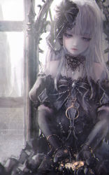 Rule 34 | 1girl, bare shoulders, black bow, black dress, black gloves, black sleeves, bow, chair, closed mouth, detached sleeves, dress, elbow gloves, gloves, gothic lolita, grey hair, hair bow, half-closed eyes, highres, holding, indoors, lolita fashion, long hair, missile228, on chair, original, pocket watch, puffy short sleeves, puffy sleeves, purple eyes, red lips, roman numeral, short sleeves, sitting, solo, strapless, strapless dress, watch, window